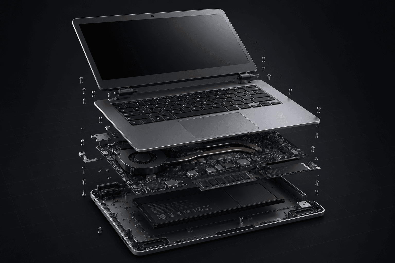 Technician servicing laptop motherboard and thermal assembly
